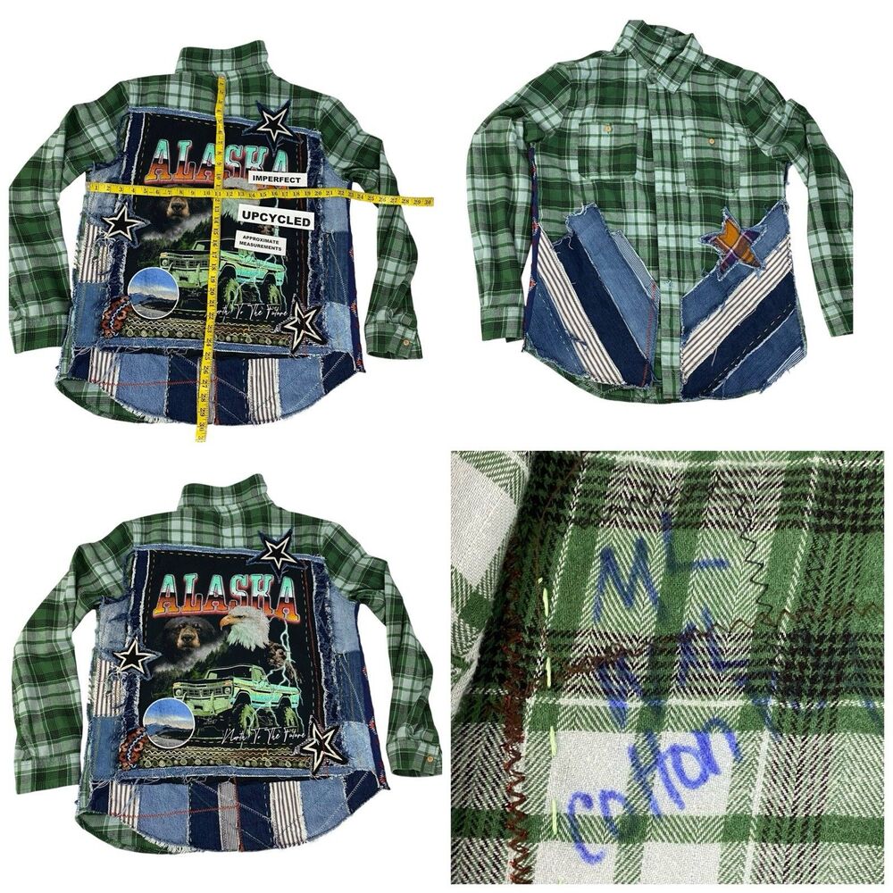 Upcycled Flannel Shirt Shacket Womens Large Alaska Grunge Patchwork Folk Art - Picture 7 of 16
